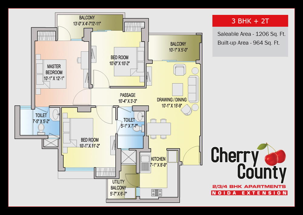 3 bhk Apartment available for sale in Cherry County — Floor plan