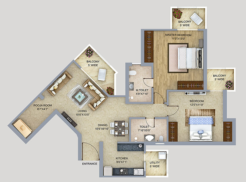 2 bhk+Pooja room Apartment available for Rent in Sky Garden — Floor plan