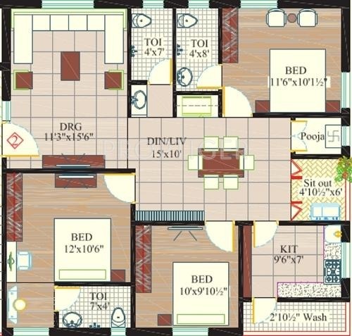 3 BHK Residential Apartment for rent in Eros Sampoornam — Floor plan