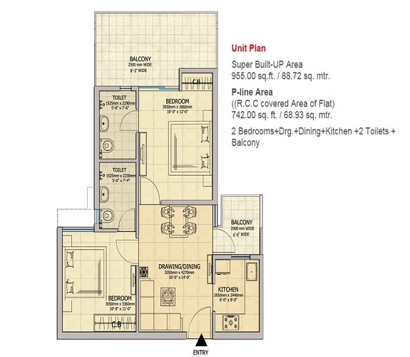 2 bhk flat available for sale in Gaur City 2 — Floor plan