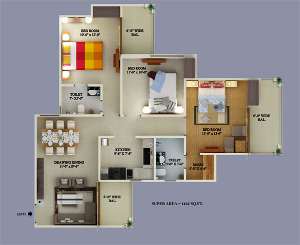 3 bhk apartment available for sale in Supertech Eco Village 1 in Noida Extension — Floor plan