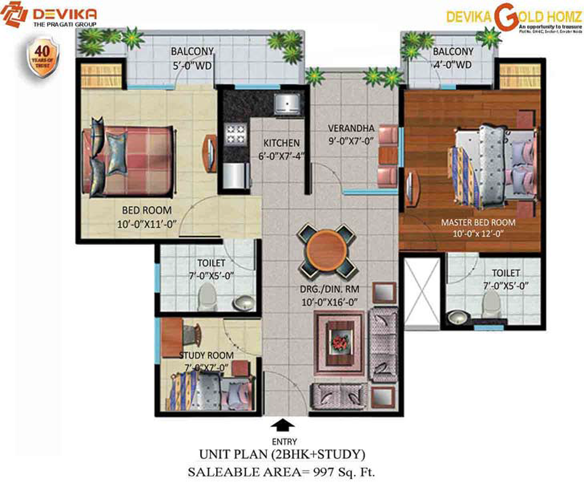 2 bhk + Study Luxury Apartment available for sale in Devika Gold Homz — Floor plan