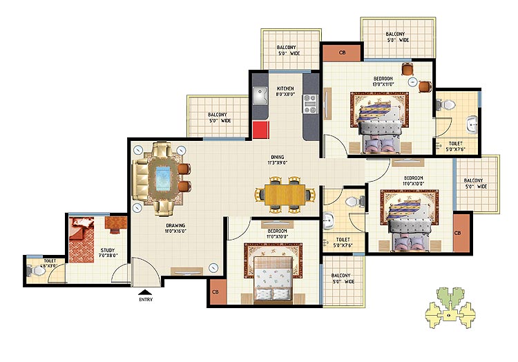 3 bhk + Study  Apartment available for sale in Amrapali Princely Estate in Sector-76 Noida — Floor plan
