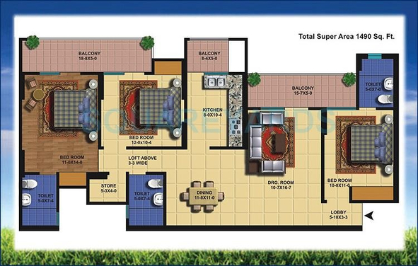 2 bhk+ Study apartment available for sale in Antriksh Golf View 1 in Sector-78 Noida — Floor plan