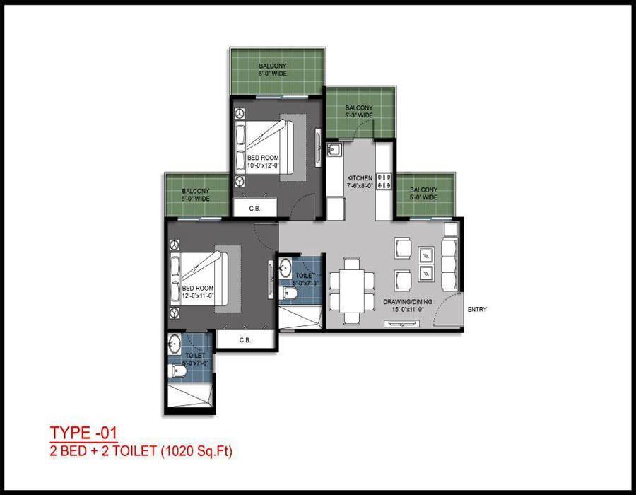 2 bhk apartment availale for sale in Gulshan Bellina — Floor plan
