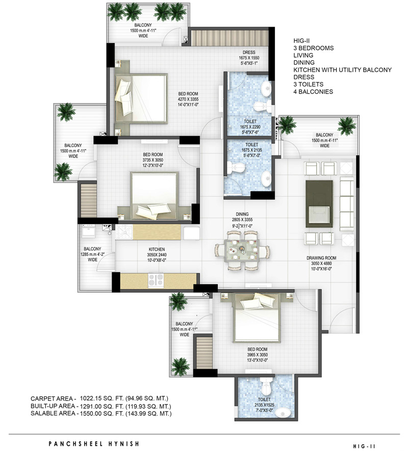 3 BHK Residential Apartment for Rent in Panchsheel Hynish — Floor plan