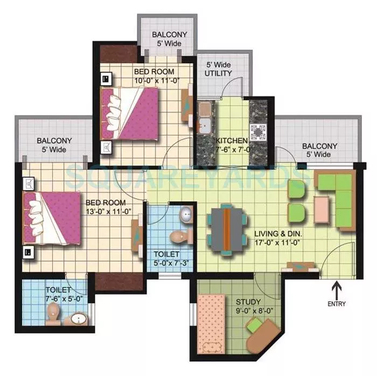 2 bhk + study Apartment available for sale in Amrapali Silicon City in Sector-76 Noida — Floor plan